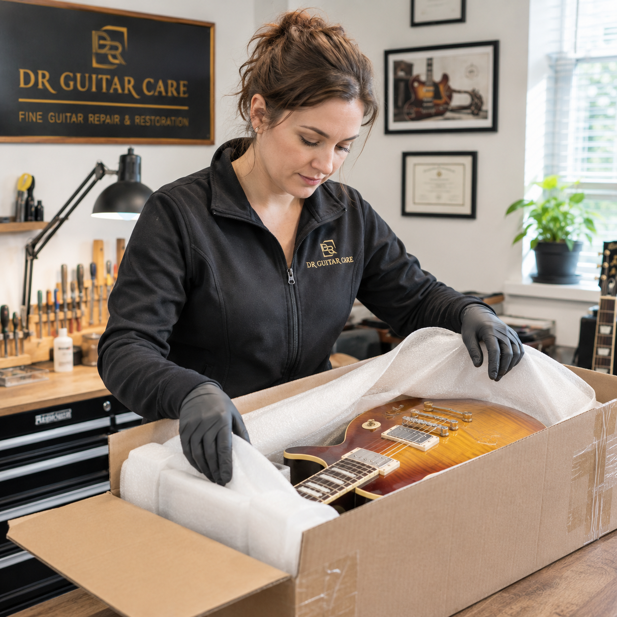 Careful unpacking and inspection of shipped collectible guitar